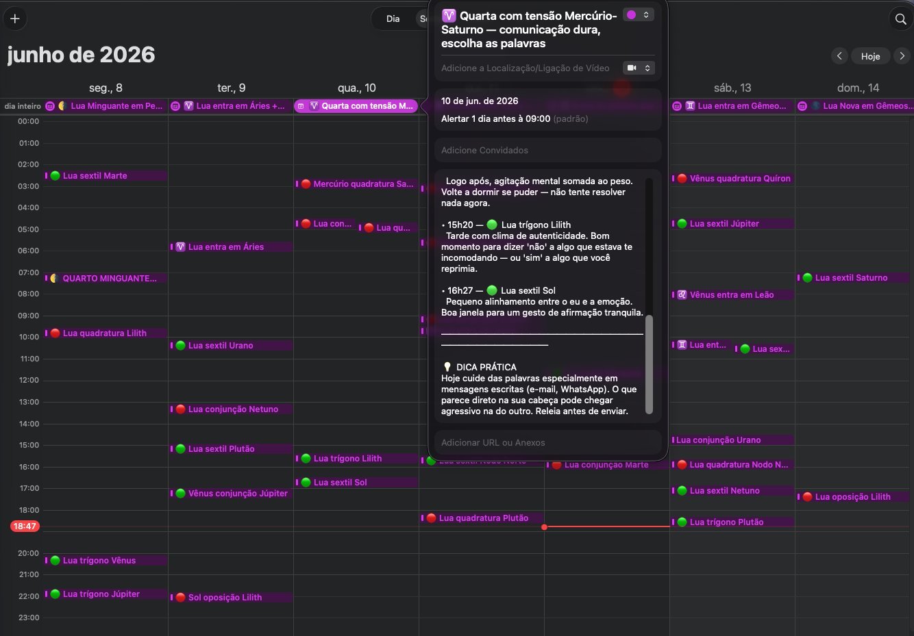 Calendário Astrológico aberto no computador, mostrando a semana com eventos astrológicos e a perspectiva geral do dia